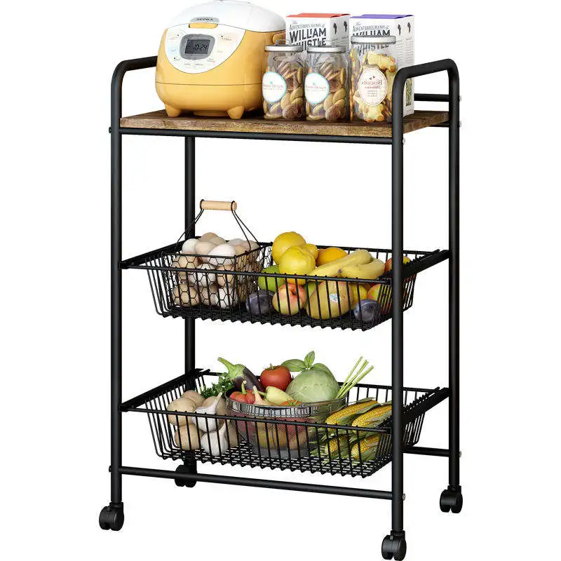 Kitchen 3 Layer Wrought Iron Storage Rack Living Room Storage Trolley Removable Metal Storage Rack With Wheels