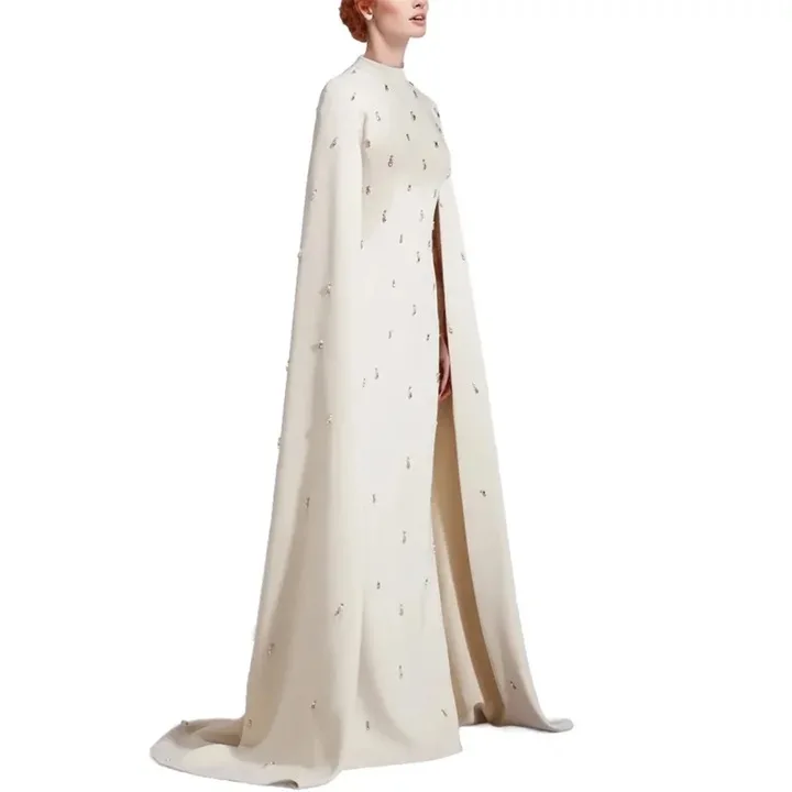White Saudi Arabia Cape Sleeve Evening Dress Luxury Beaded Cape Dubai Women Wedding Guest Formal Party Dress