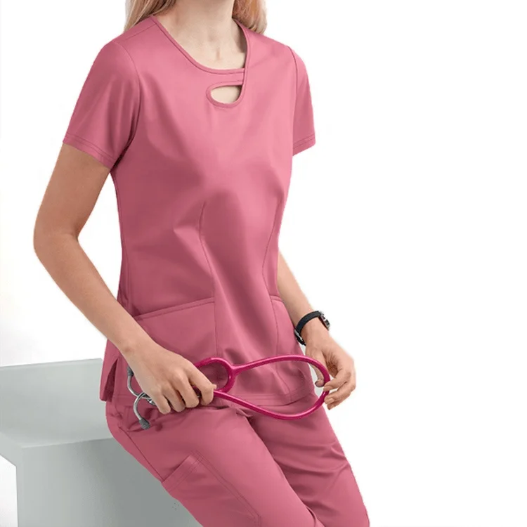 
factory supplier cherokee women sexy fitted design jogger fashionable pink nurse scrub uniforms suit  (1600135803427)