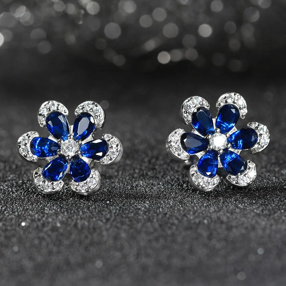LZE21 RINNTIN Hypoallergenic Solid 925 Sterling Silver Created Sapphire Flower Stud Earrings for Women