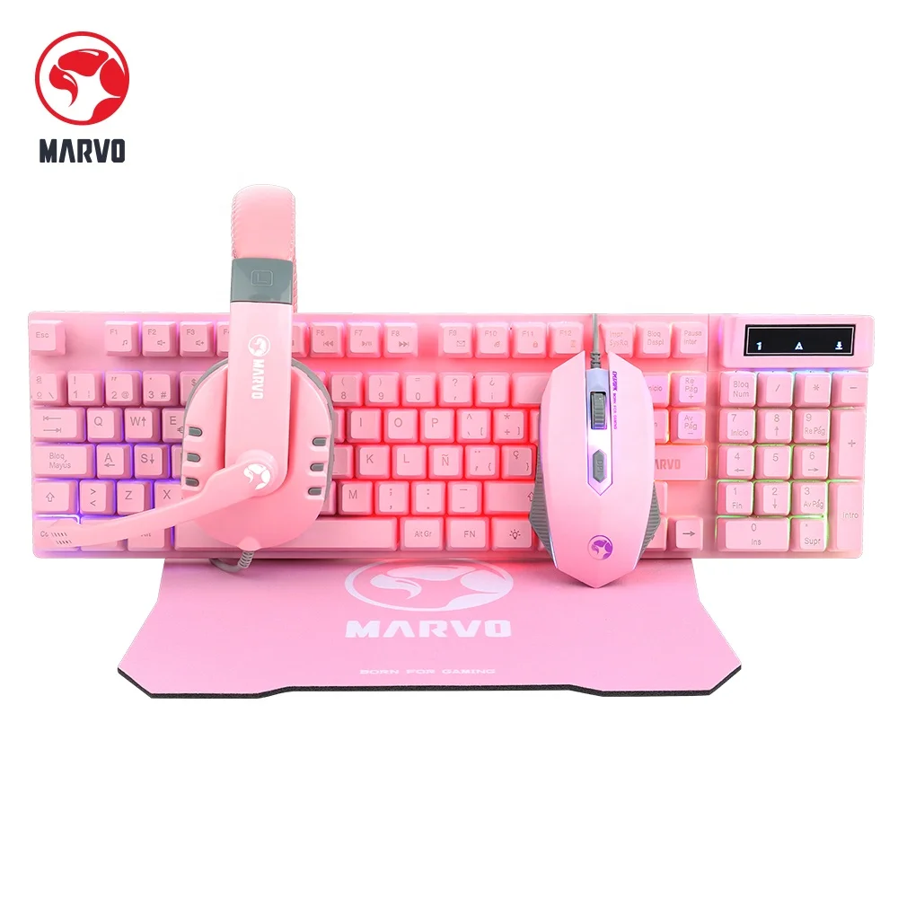 Marvo розовый комплект компьютерная проводная игровая гарнитура игровая клавиатура и мышь и коврик для мыши комбинированный