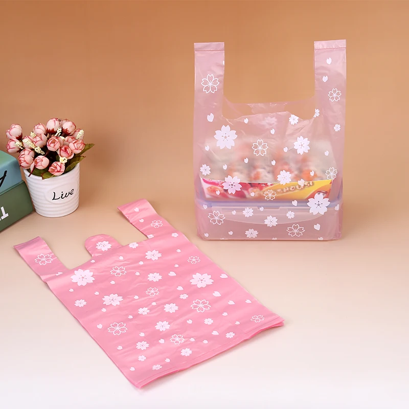 Custom Logo Pink Cherry Blossom Vest Gift Cosmetic Food Packaging Supermarket Shopping Plastic Bags