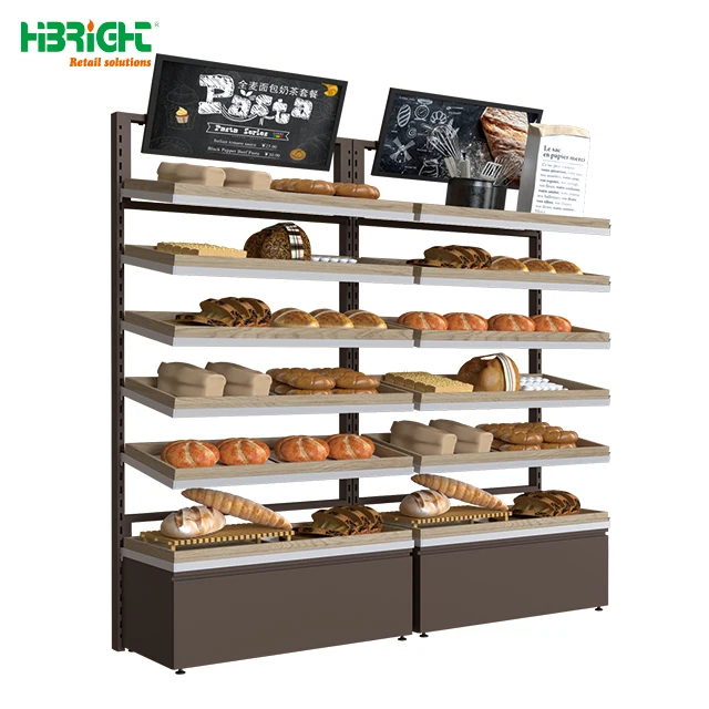 High-Capacity Steel Wooden Combination Display Rack Bakery Store Bread Rack Shelf