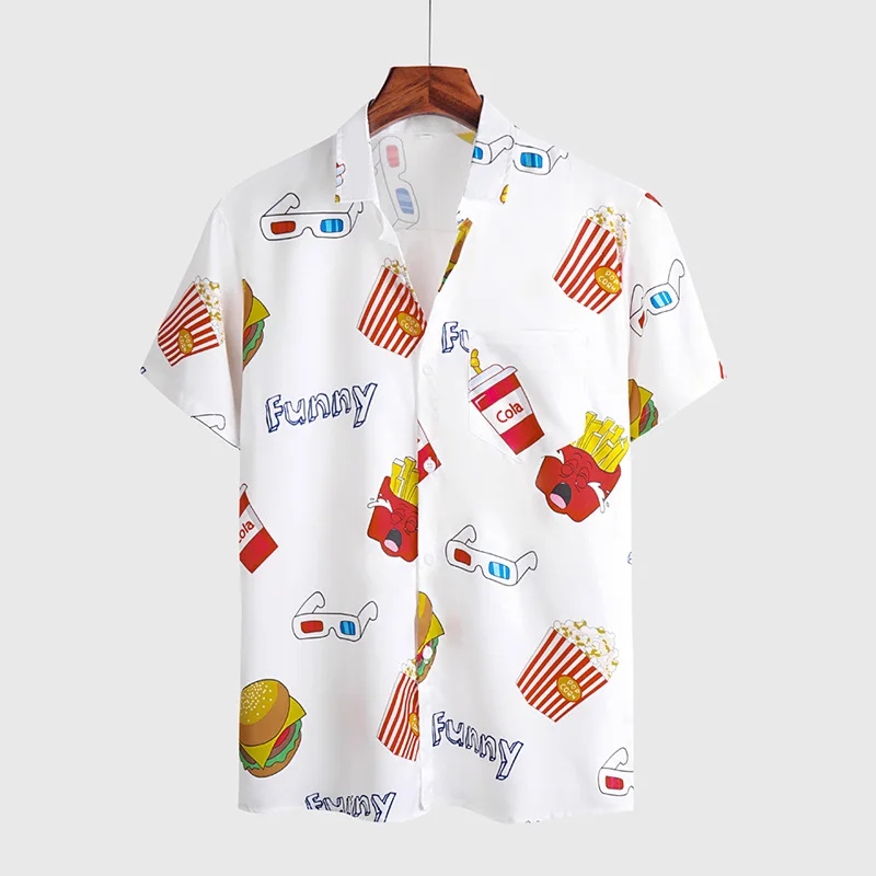 
Wholesale New Design Cute Pattern French Fries Fashion buttoned Summer wear hawaiian shirt men 
