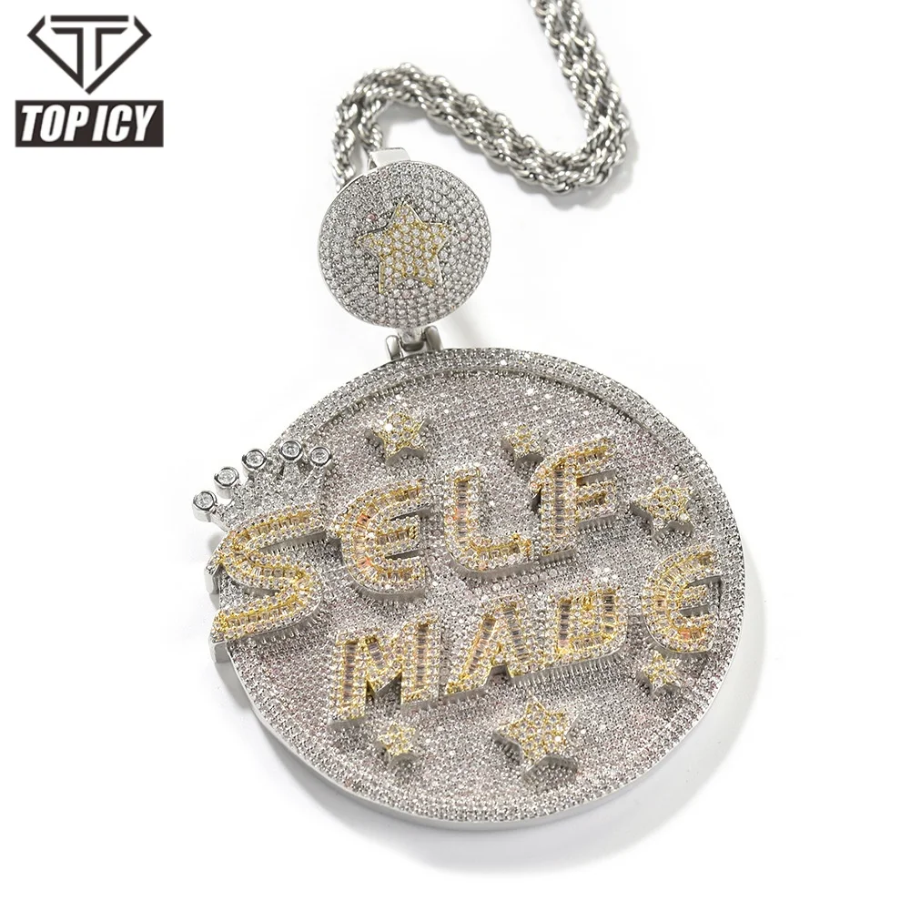 Fashion Letter SELFMADE Hip Hop Jewelry Iced Out Hip Hop Pendant Charms For Men Personality Exaggerated Large Round Necklace