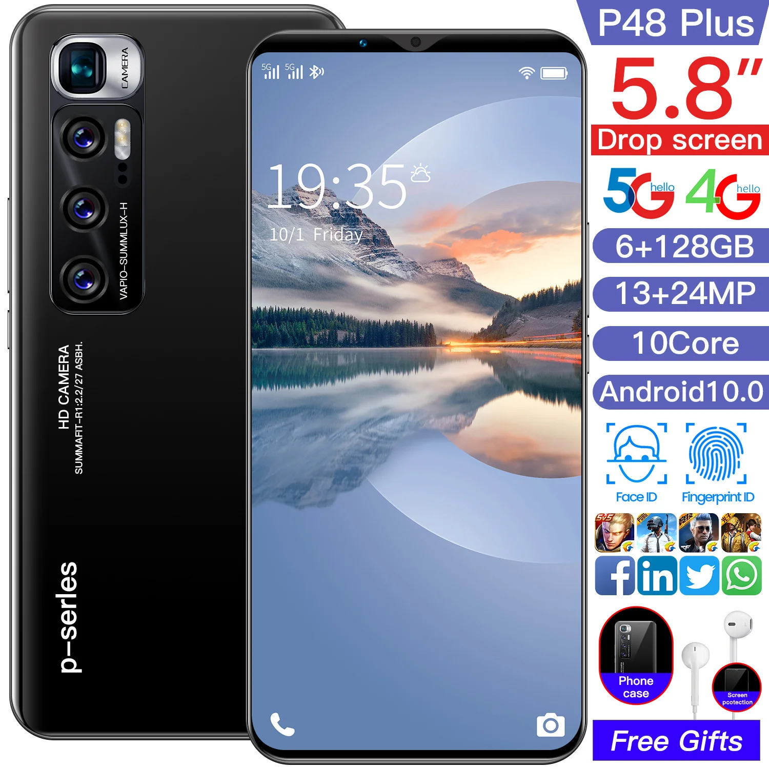 P48 Plus 6+128GB 13+24MP 4800mAh 10 Core China Makes Cheap Mobile Phones Global Version Android 10 Dual SIM 5G Smart phone