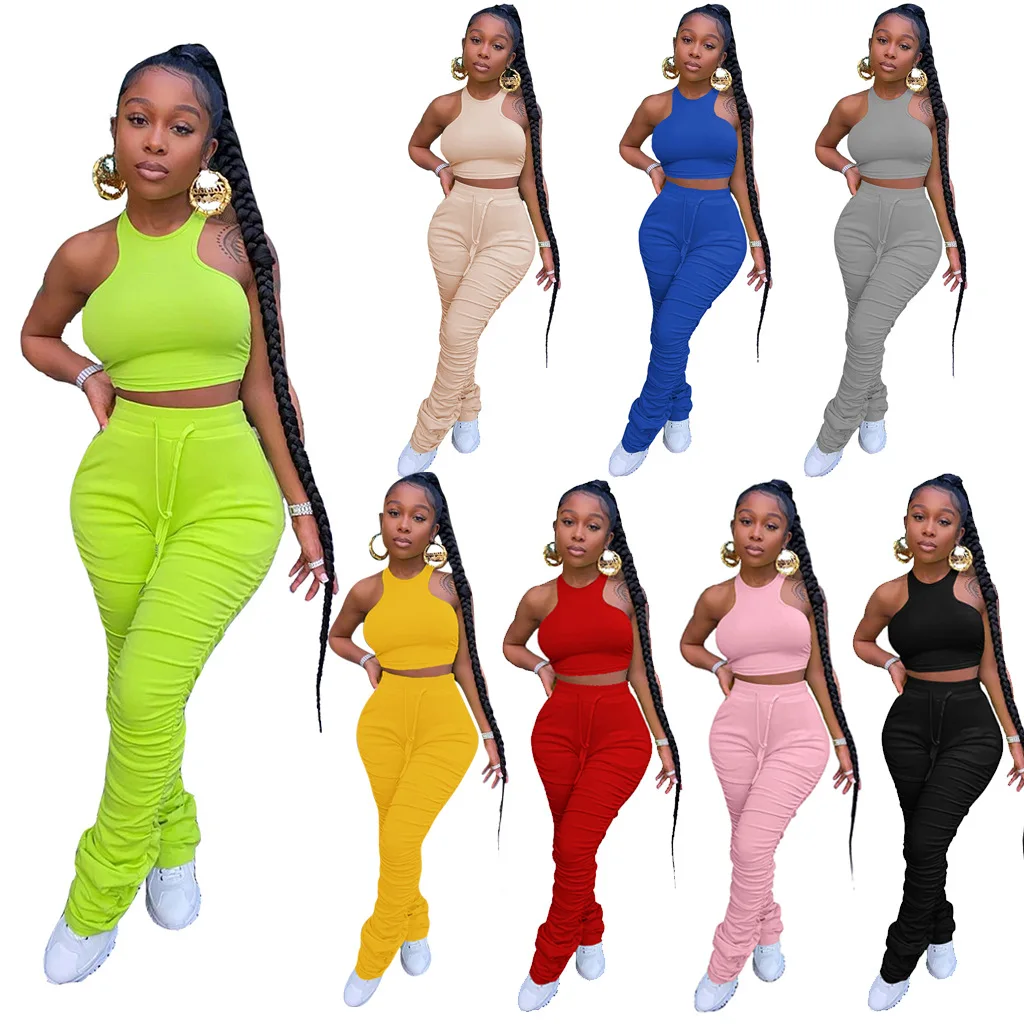 Fall 2 Piece Pant Sets Outfits Crop Tops Stacked Pants Jogger Suits casual sleeveless Stacked women Two Piece Pant Sets Clothes
