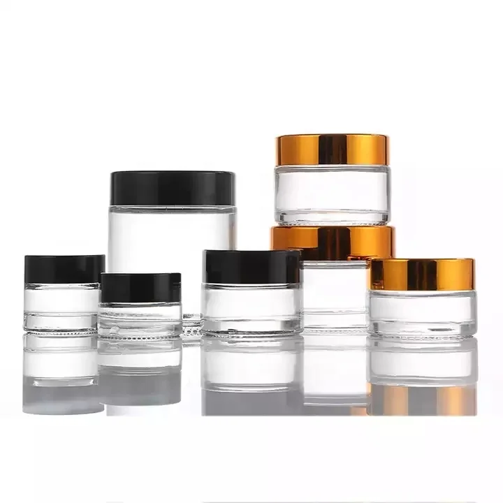 Cosmetic Packing 5g 10g 15g 30g 50g 100g Matte Black Clear Amber Glass Cream Jar with Gold Black Sliver  Aluminium Cap In Stock