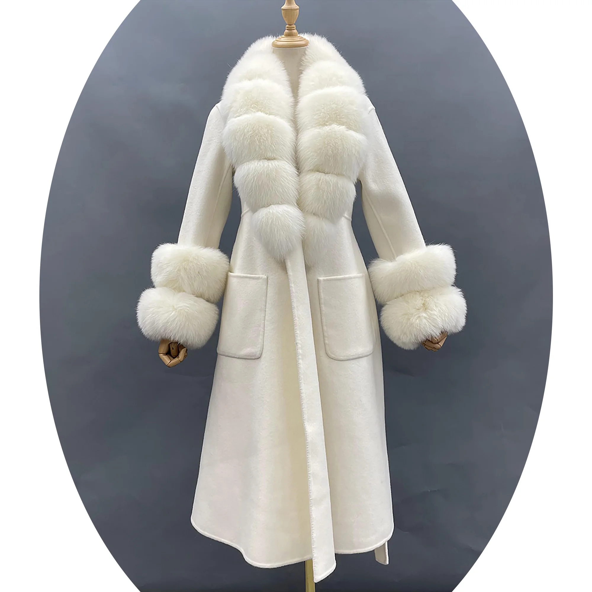 Factory sale No MOQ trendy long luxury fox fur collar white cashmere wool coat for women