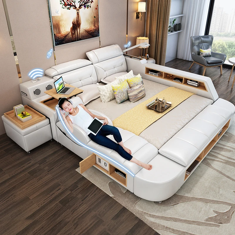 
Modern leather Fabric Bed with Storage Box function Bedroom Furniture set Chestrfield Style multimedia speaker USB charger 