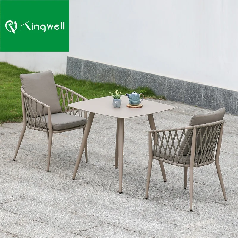 Wooden Aluminium Bistro Set Table Chair Outdoor With rope weaving and patio cushion