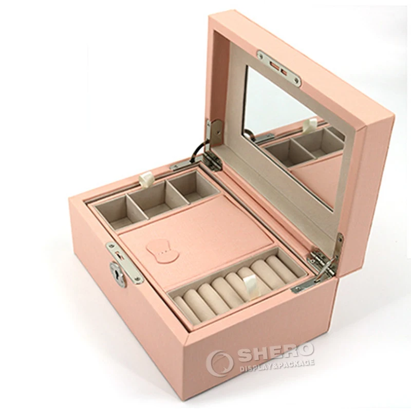 Pu Leather High Capacity Jewelry Storage Case With Mirror 3 Layers Flannel Jewelry Travel Box Big For Women Girls