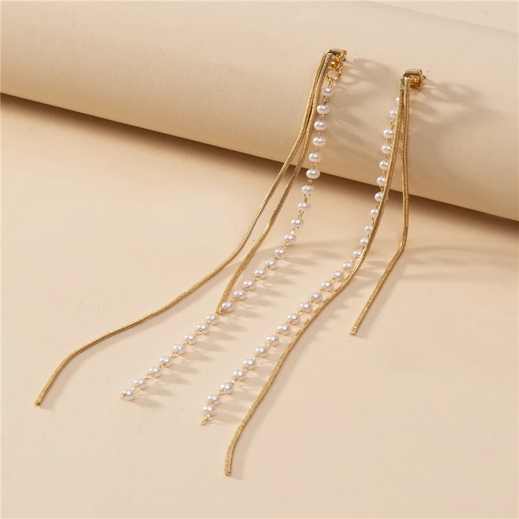 2022 Hot Sale Europe Handmade Wholesale Classic Gold Fringe Pearl Long Tassel Earrings