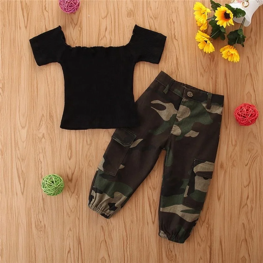 Sweet Kids Girls Clothes Set Summer Children Black Ribbed Short Sleeve Off Shoulder T Shirts Tops + Camouflage Pants 2Pcs Set