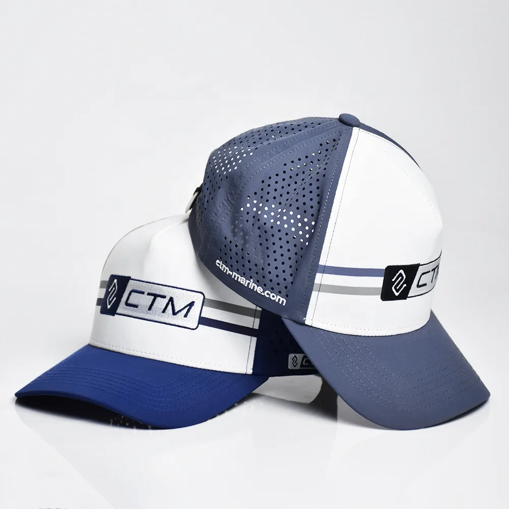 High quality custom embroidery rubber logo 5 panel curved brim waterproof laser cutting perforated baseball cap