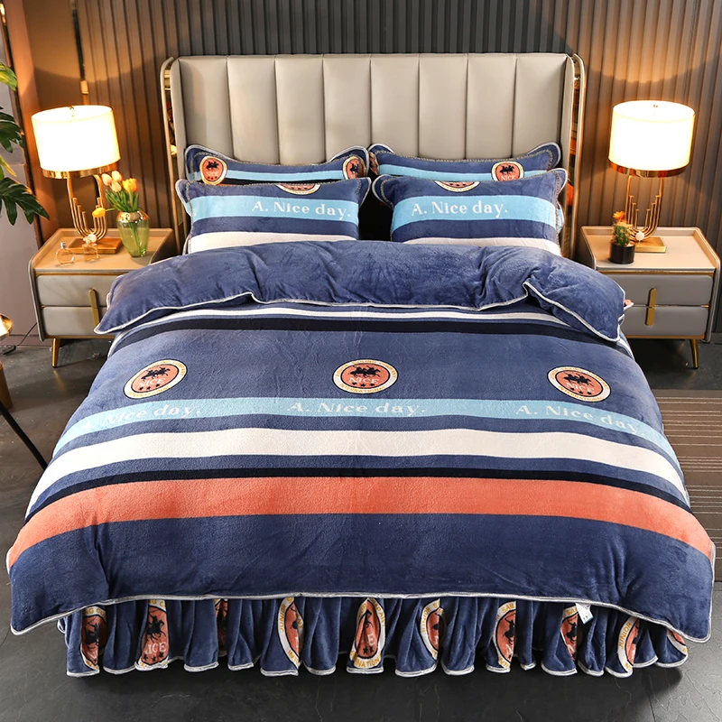 Warm 4pcs Thick Flannel Fleece Velvet Duvet Cover Soft Queen King Size Winter Bed Sheet Velvet Duvet Cover Bedding Set