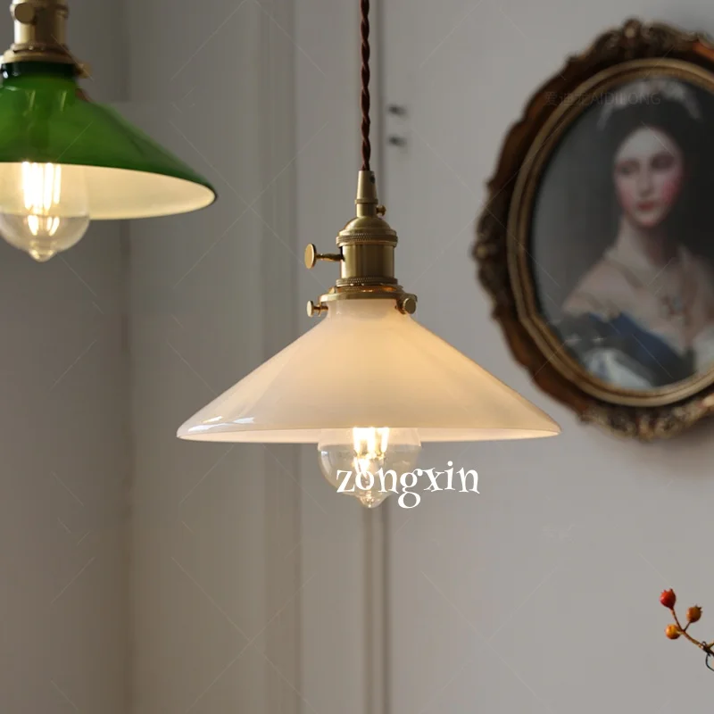 Zongxin Retro green white glass chandelier American Japanese cafe Tea room Dining room Bedroom small umbrella chandelier E27