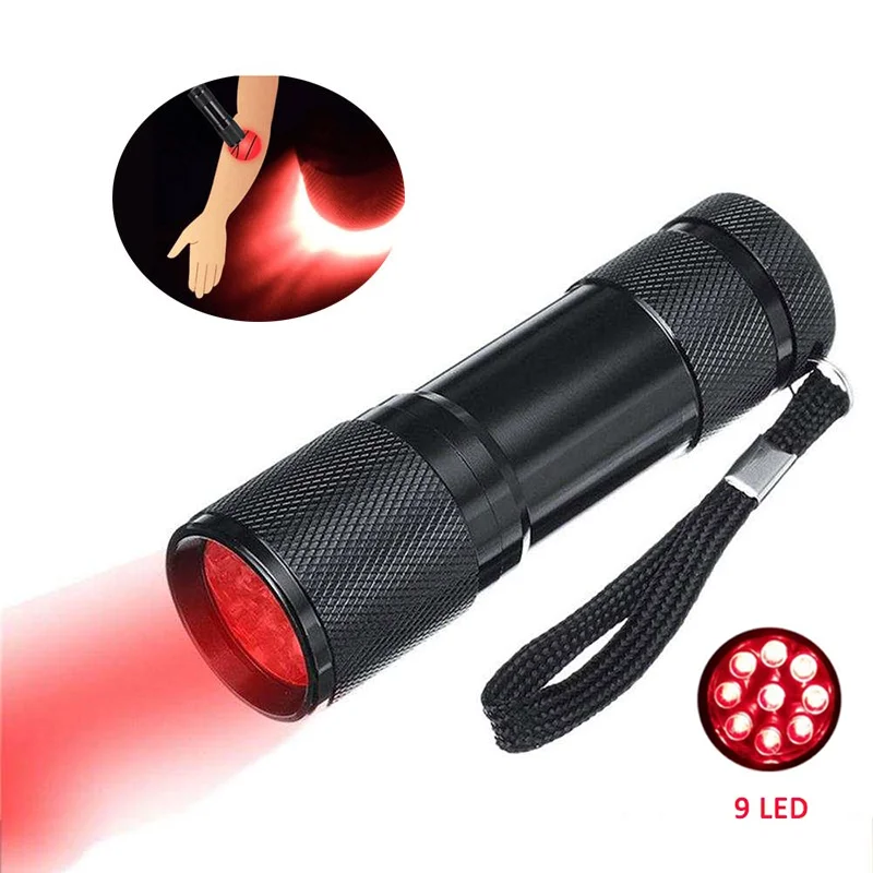 Long Range 3 Вт мини 625 нм 9 светодиодный красный фонарь охотничий алюминиевый дешевый тактический фонарик с детектором для обнаружения вены ночного наблюдения