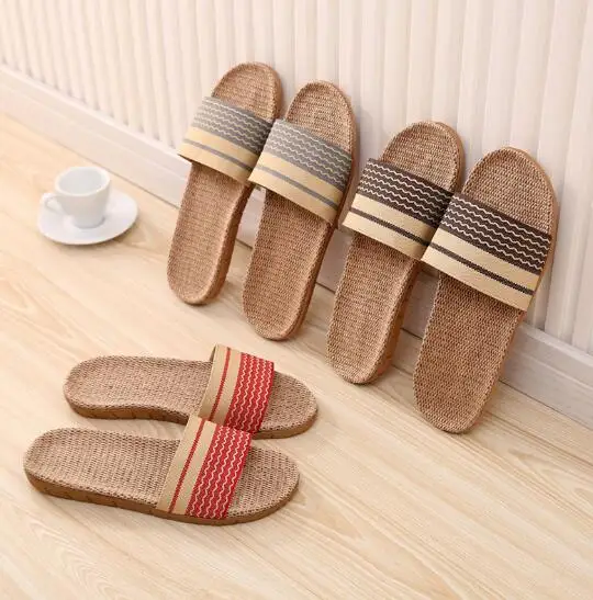 
Wholesale Men Women Linen Lovers Indoor Wooden Floor Mute Home Non-slip Thick Bottom Summer Sandals Straw Slippers 
