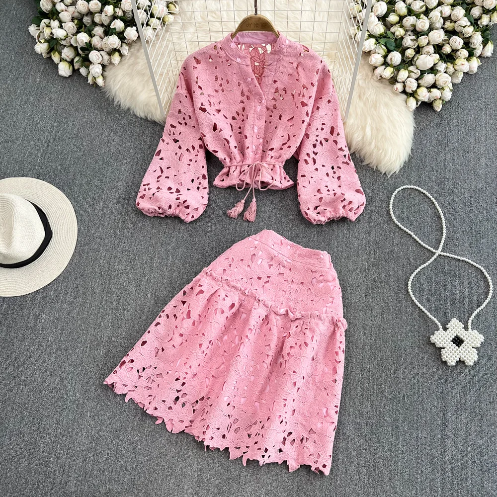 V-neck hollowed-up embroidered lantern sleeve short blouses for women two-piece set bump high waist slimming A-line skirt