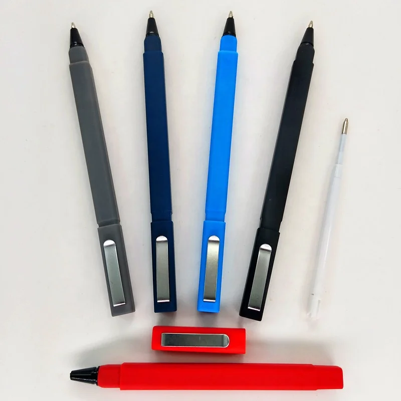 JXC175 wholesale promotional high quality soft touch custom printed logo rubber finished square ball pen with metallic clip