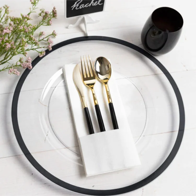 Aeofa Transparent round glass dinner plate for wedding black rimmed glass charger plate black rim glass plate