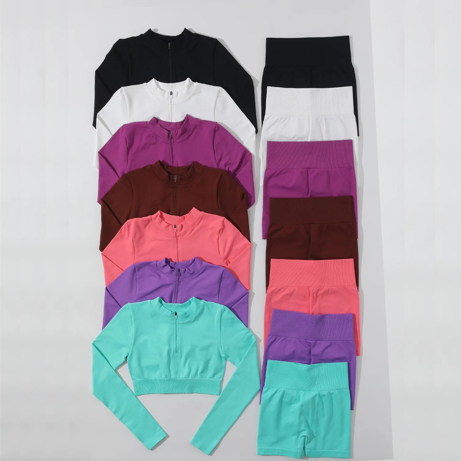 Custom Seamless Solid Color Sexy Wholesale Yoga Wear Workout Long Sleeves Short Sport Scruch Pant Leggings Fitnesswear Set Women