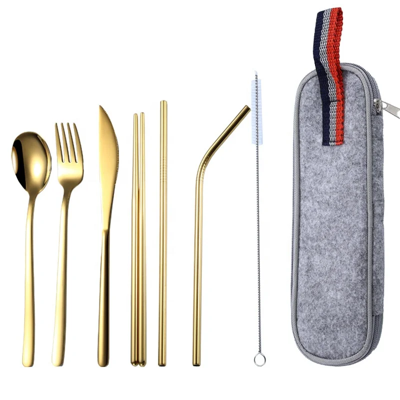 Hot seller korean chopsticks and spoon set reusable luxury flatware fork knife and spoon stainless steel  travel cutlery set