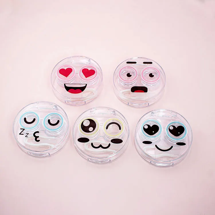 Factory Wholesale Cute transparent smiley face contact lens case with tweezers Lightweight travel set