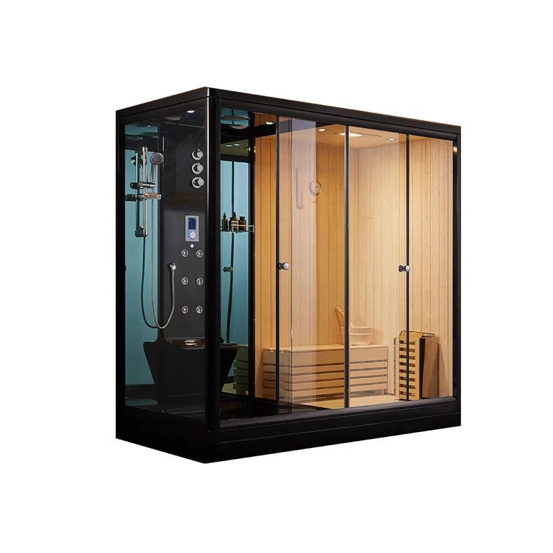 black steam room with wood sauna combined shower room