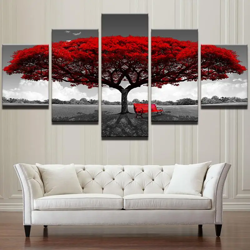 Modular Canvas HD Prints Posters Home Decor Wall Art Pictures 5 Pieces Red Tree Art Scenery Landscape Paintings