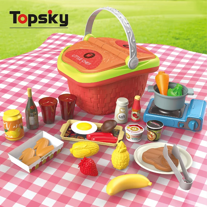 Topsky 27PCS Funny Pretend Play Preshcool Set Outdoor Picnic Food With Basket Storage Kids Educational Kitchen Play Set Toys