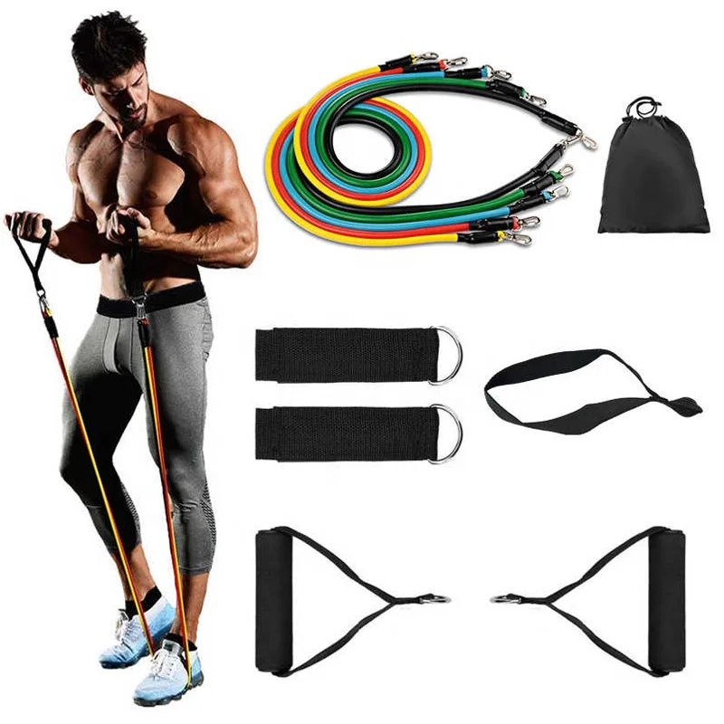 
BOOMBM Wholesale Gym Adjustable Home Workout Tubing Band Custom Fitness 11 Pcs Resistance Bands Set With Handles 