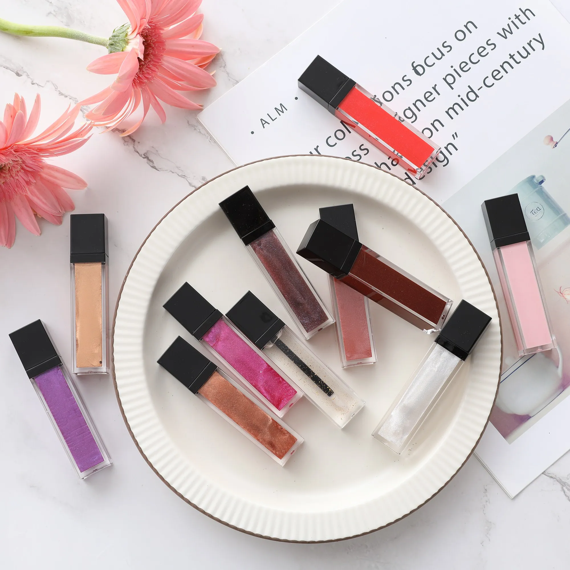 21 Color OEM Cosmetics Makeup Wholesale Custom Glitter Lip Gloss Private Label Pearl Lipstick Black Square Lip Gloss Tube