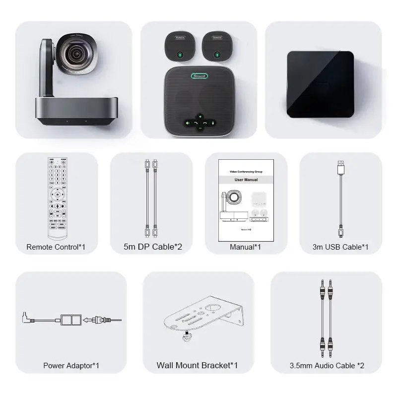 4K AV Conference Equipment 12X Zoom HDM1 Camera Wireless Microphone Speakerphone 2 Expansion Mics All in One Group