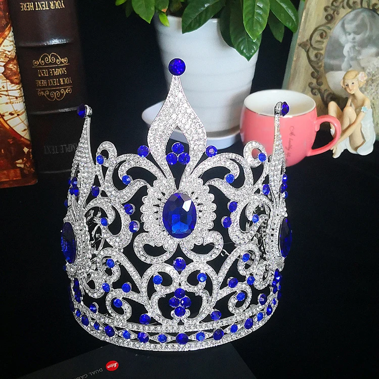 
European style big Crown miss world crown and tiara blue beauty pageant queen crowns 