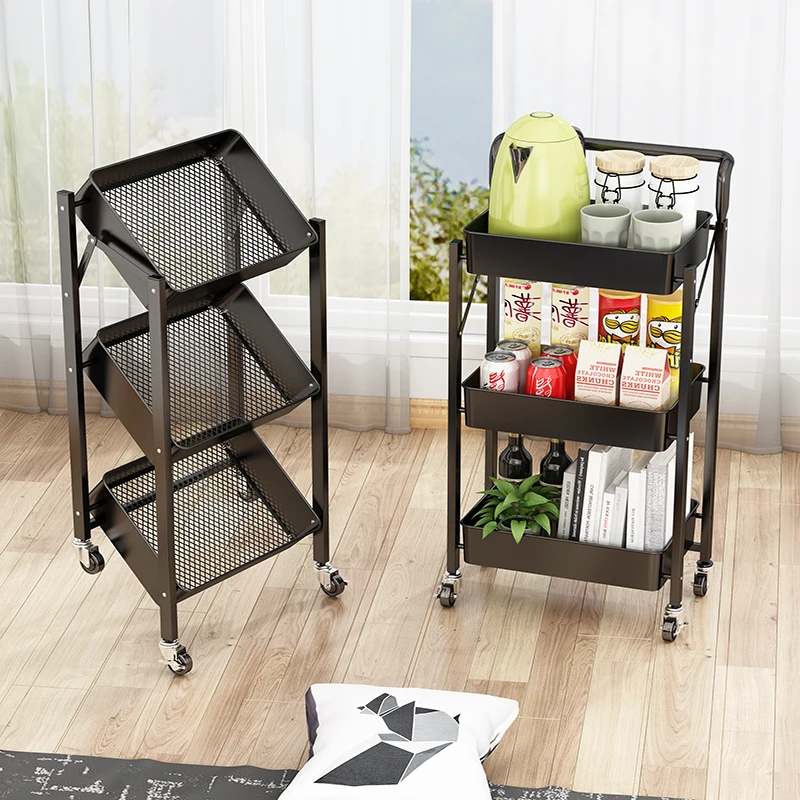 Mobile Utility Storage Trolley 3 Tiers Utility Rolling Cart Organizer Foldable Storage Rack With Wheels