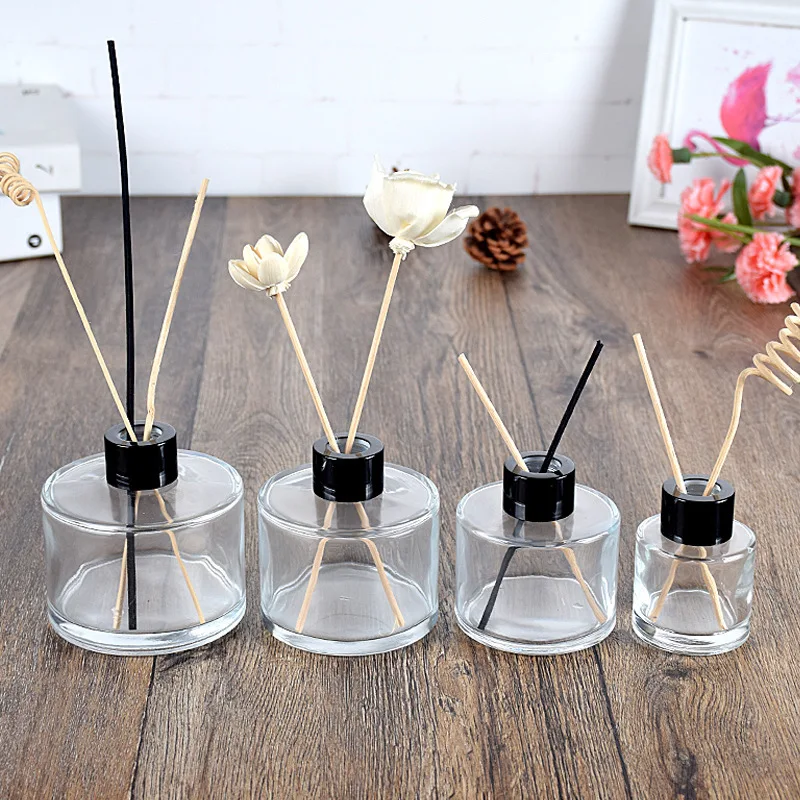 
50ml 100ml 150ml 200ml Round clear reed diffuser bottle perfume with gold collar 