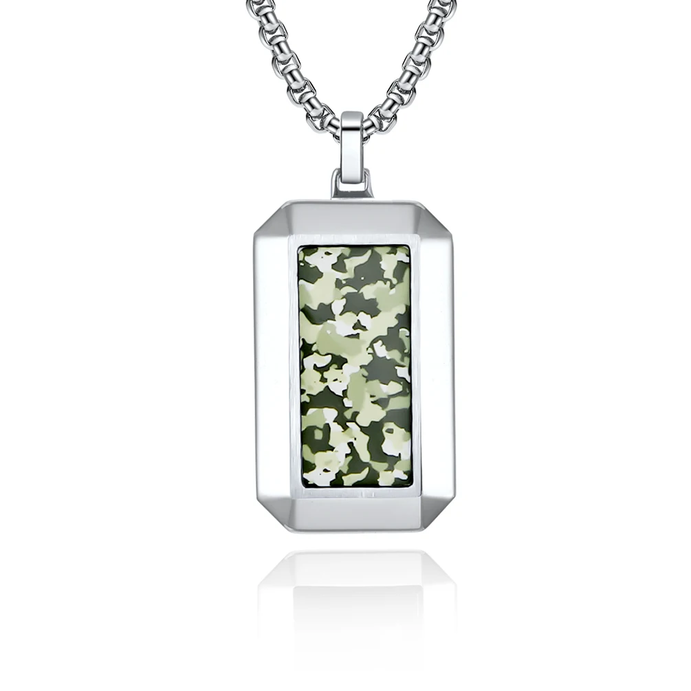 Custom Hexagonal Cut Adhesive Camouflage Military Dogtag Pendant Stainless Steel Necklace