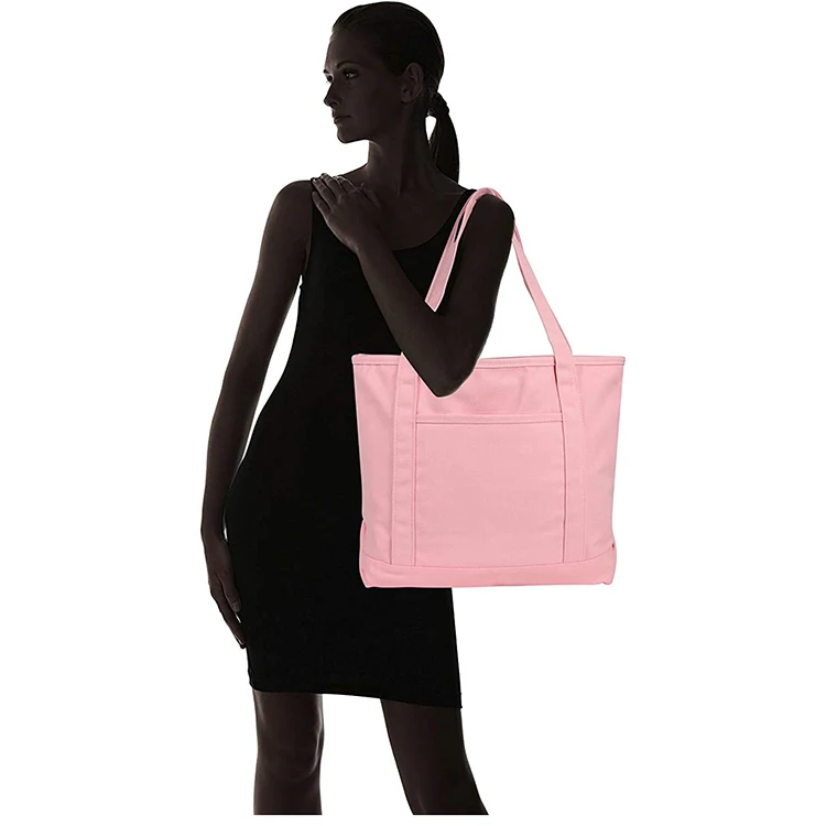 Custom Cotton Canvas Logo Zipper Tote Bag pink Shoulder Bags With Large Capacity
