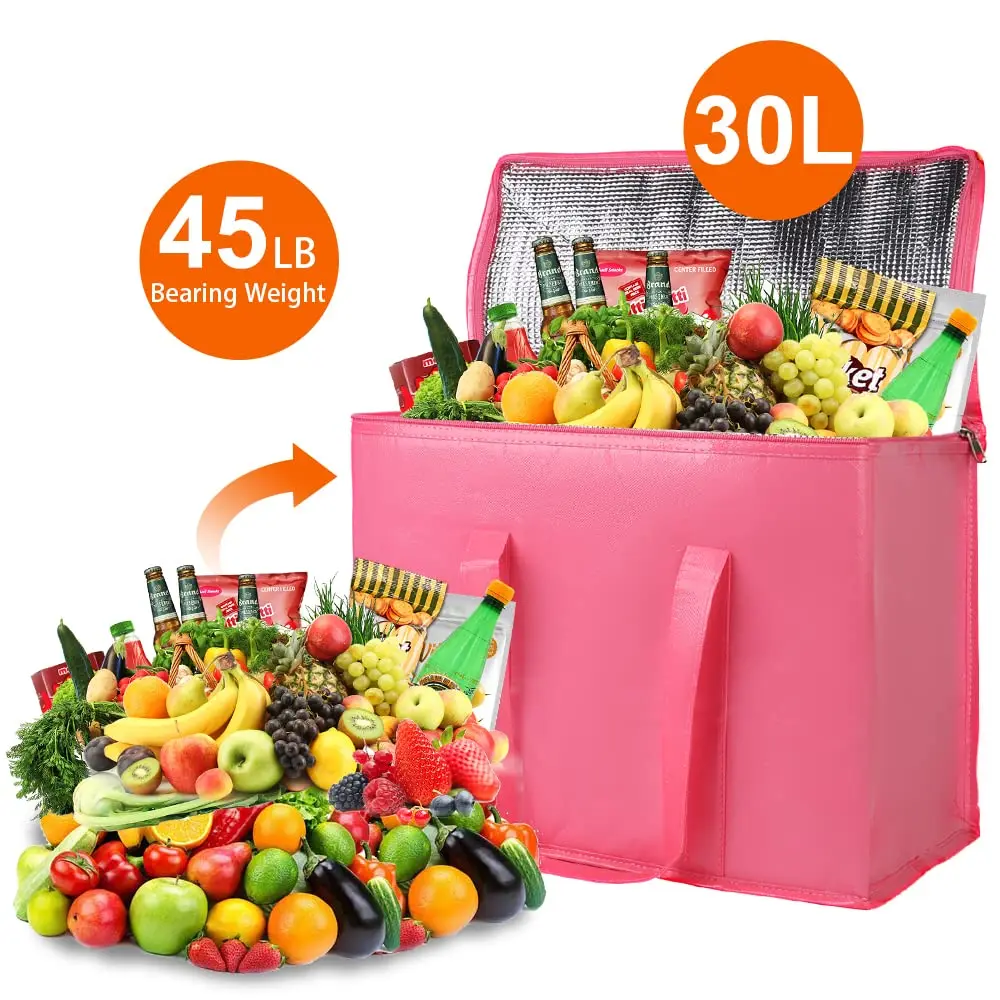 Low Price Portable Heavy Duty Aluminum Opening Food Container Cooler Insulated Zippered Top Reusable Grocery Shopping Box Bags