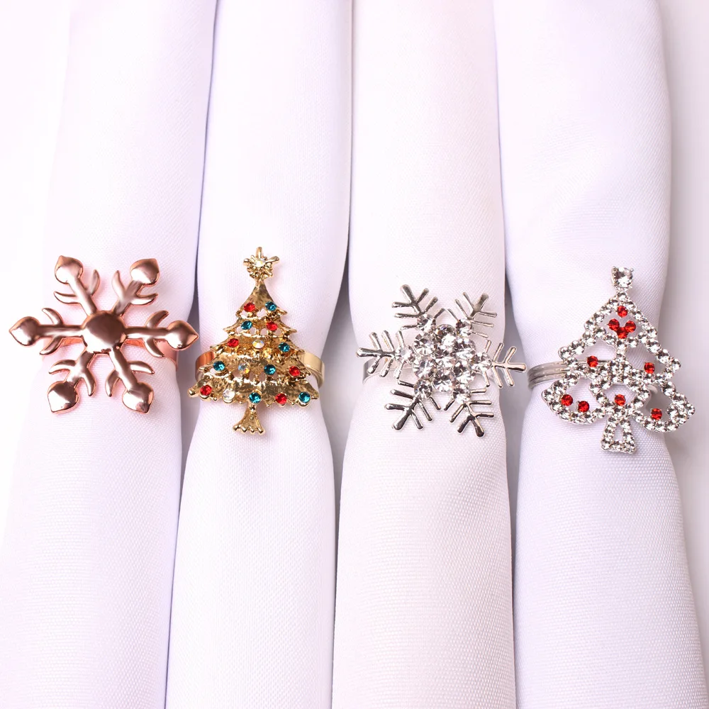 6PCS Xmax Napkin Rings Tree Wreath Rhinestone Napkin Holders for Holiday Dinner Setting and Christmas Party Table Decorations