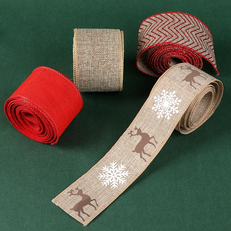 Christmas 100% Polyester Linen Ribbon Tie Snowflake Elk Glitter Wire Wide Rim Elegant Flower Gift Box Packaging Single Face