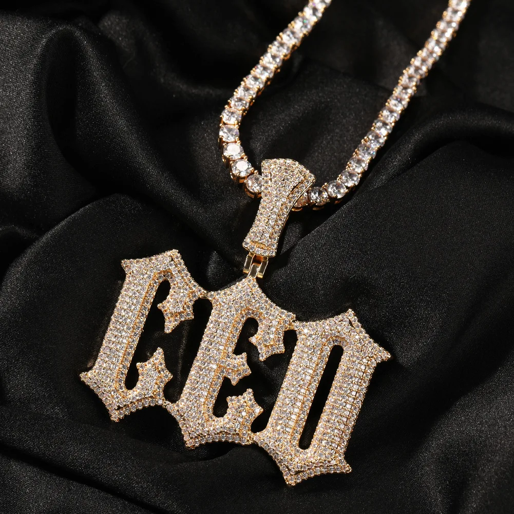 DE Spike Sparkling Fashion Stylish Hiphop Jewelry Iced Baguette Zircon Customized Big Letters Brass Pendant Necklace