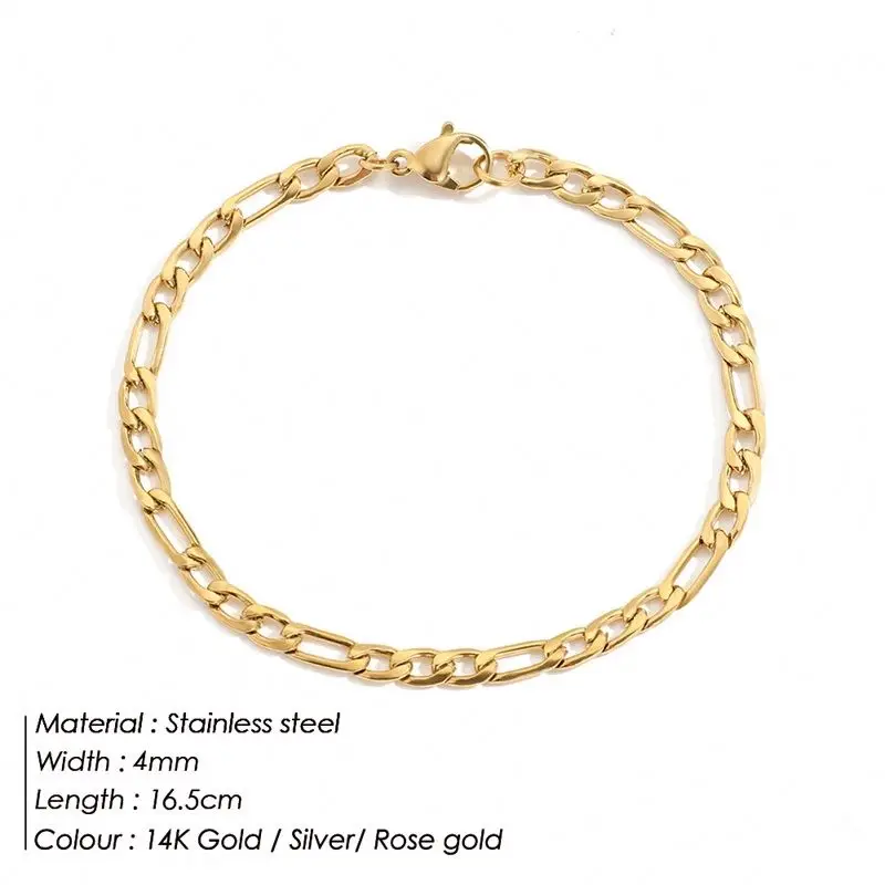 4mm 6mm 8mm Chain Figaro Bracelet 14K Gold Plated Stainless Steel Jewelry for Women