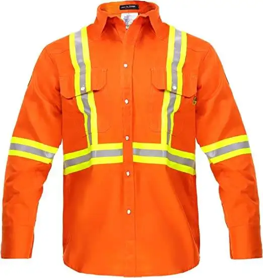 100% Cotton NFPA 2112 Custom Logo CAT 2 Flame Resistant High Visibility Long Sleeve Hi Vis FR Shirt