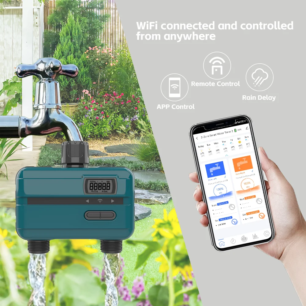Water Timer 2 Outlet for Garden Hose, Irrigation Timer for Outdoor Watering, Rain Delay/Manual/Automatic Controller Brass Inlet