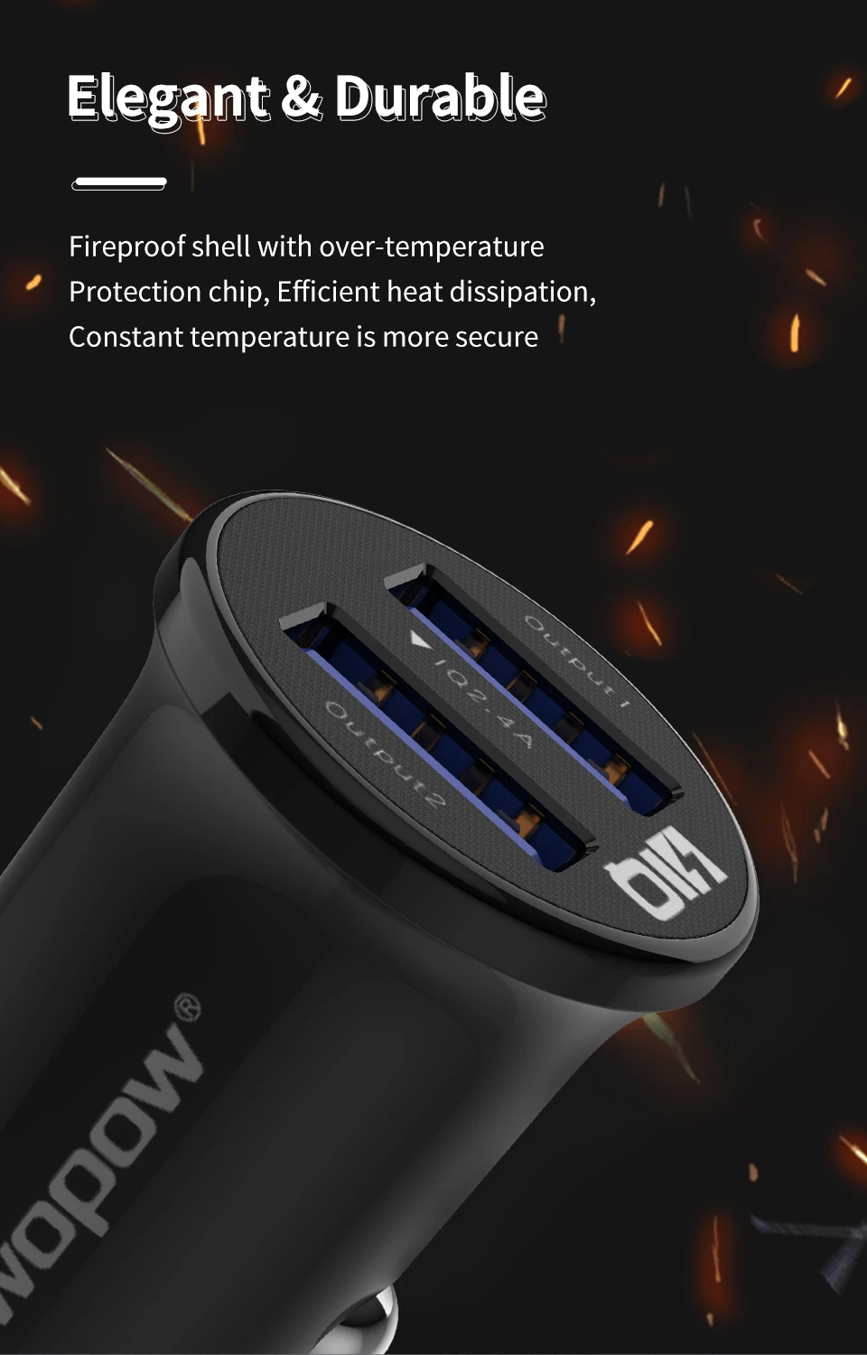 Wopow 2021 IQ2.4A  2 USB Car Charger  Material 94V0 Anti-fire PC DC5V2.4A IQ 12W MAX