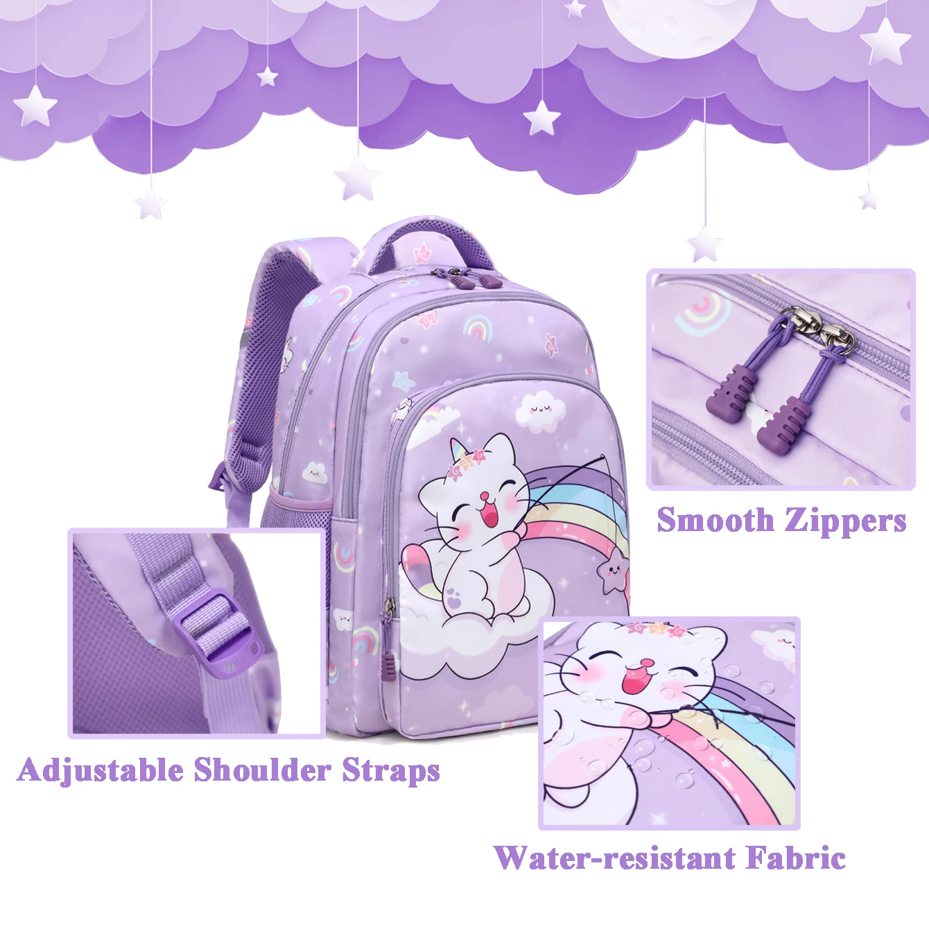 Hot-selling 3-in-1 Cute Cat Pattern Durable Waterproof School Backpack Set for Girls Kids Schoolbags Daily Use Book Bags