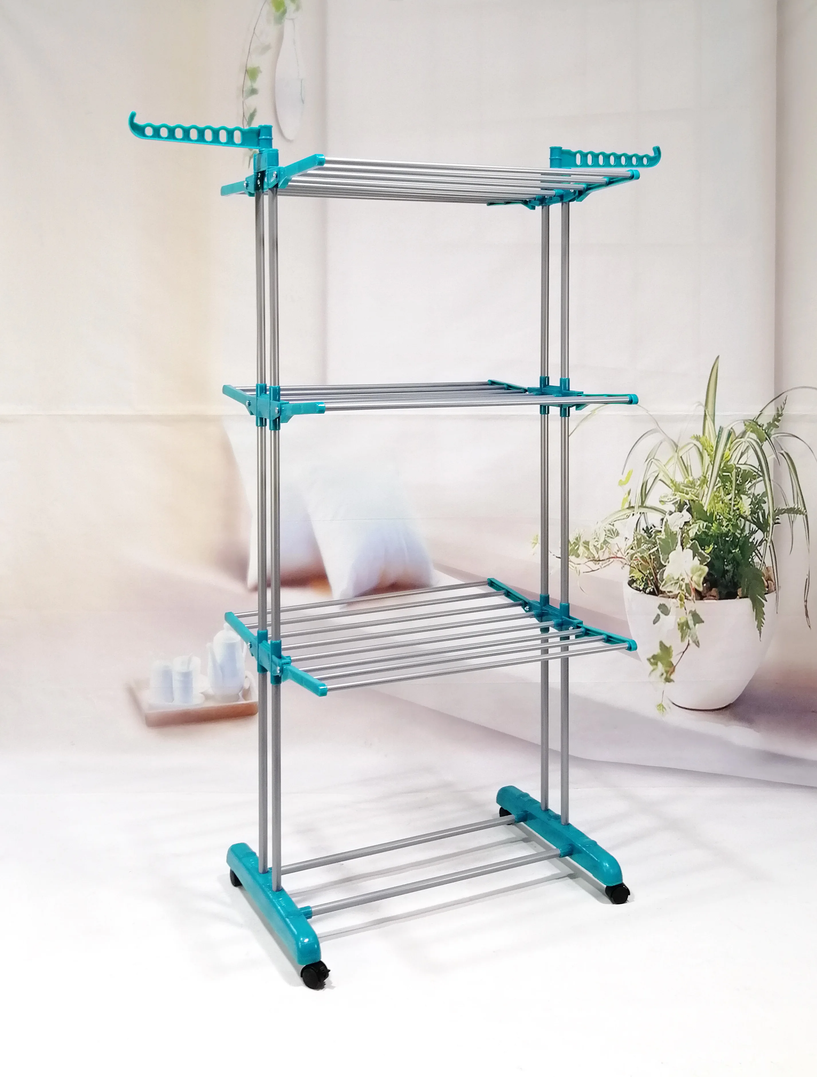 Luxury Half Foldable Wings 3 Tiers Clothes Drying Rack With Wheels Space Saving
